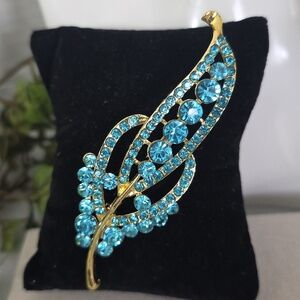 Gold with Turquoise Blue Rhinestone Leaf Brooch Pin